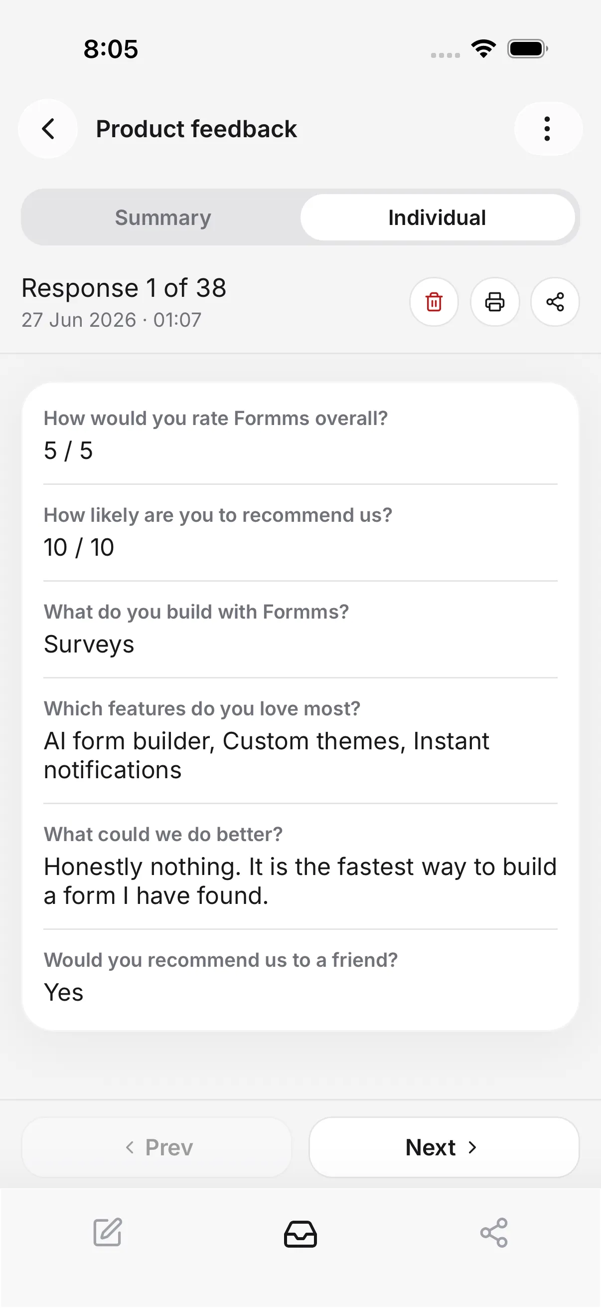 A single form response shown in the Formms app