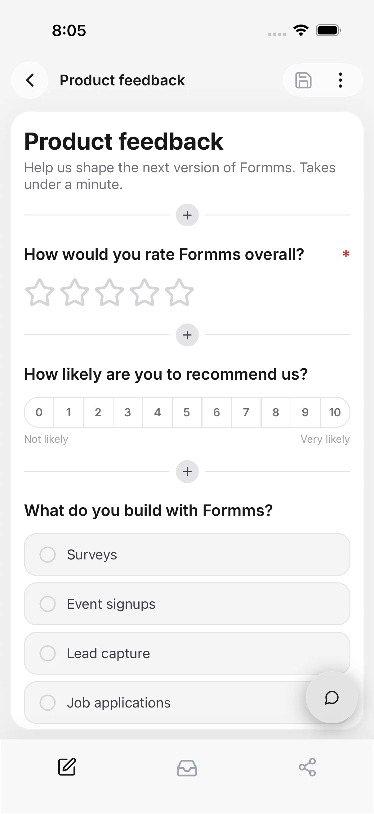The Formms form editor showing AI-drafted questions you can edit by hand