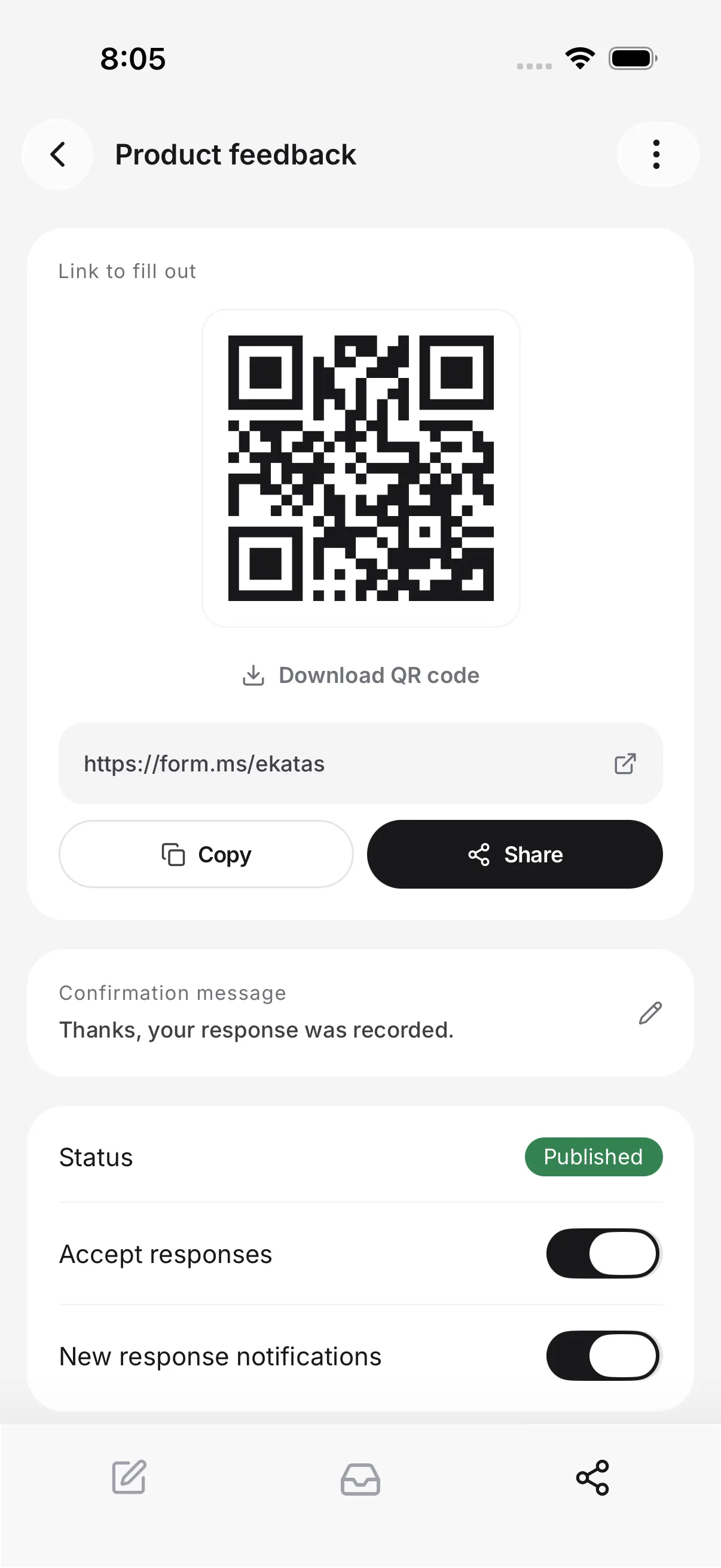 The share screen of a Formms form showing a short link and a QR code