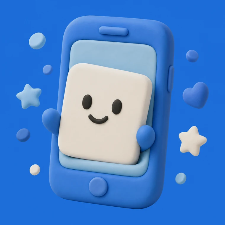 A clay form character waving from the screen of a chunky blue phone surrounded by stars