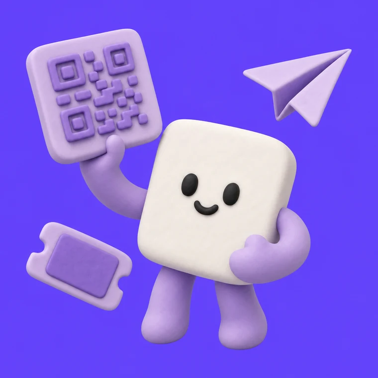 A clay form character holding up a QR code tile, with a paper plane and ticket floating nearby