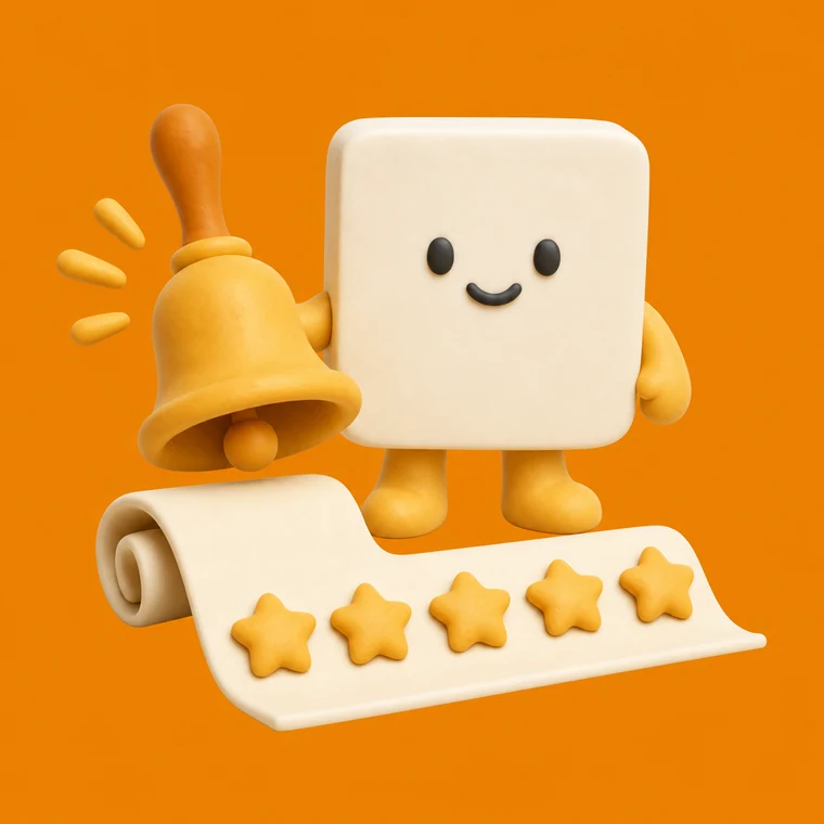 A clay form character ringing a bell above a receipt showing a five star rating