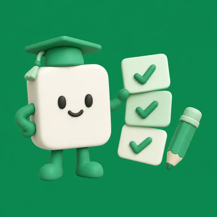 A smiling clay form character in a graduation cap beside three ticked quiz cards and a pencil