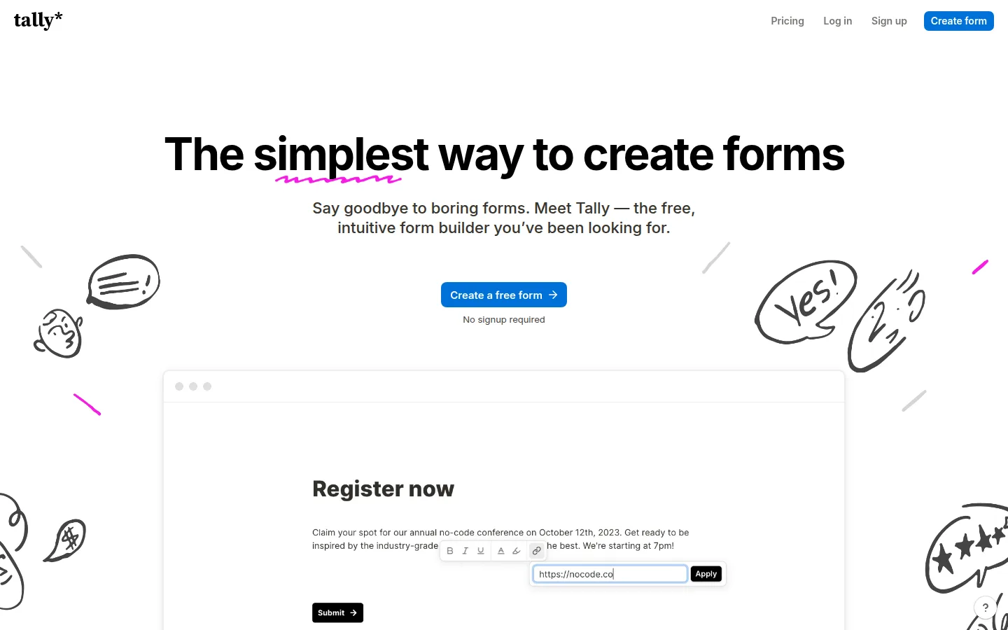 Tally homepage screenshot