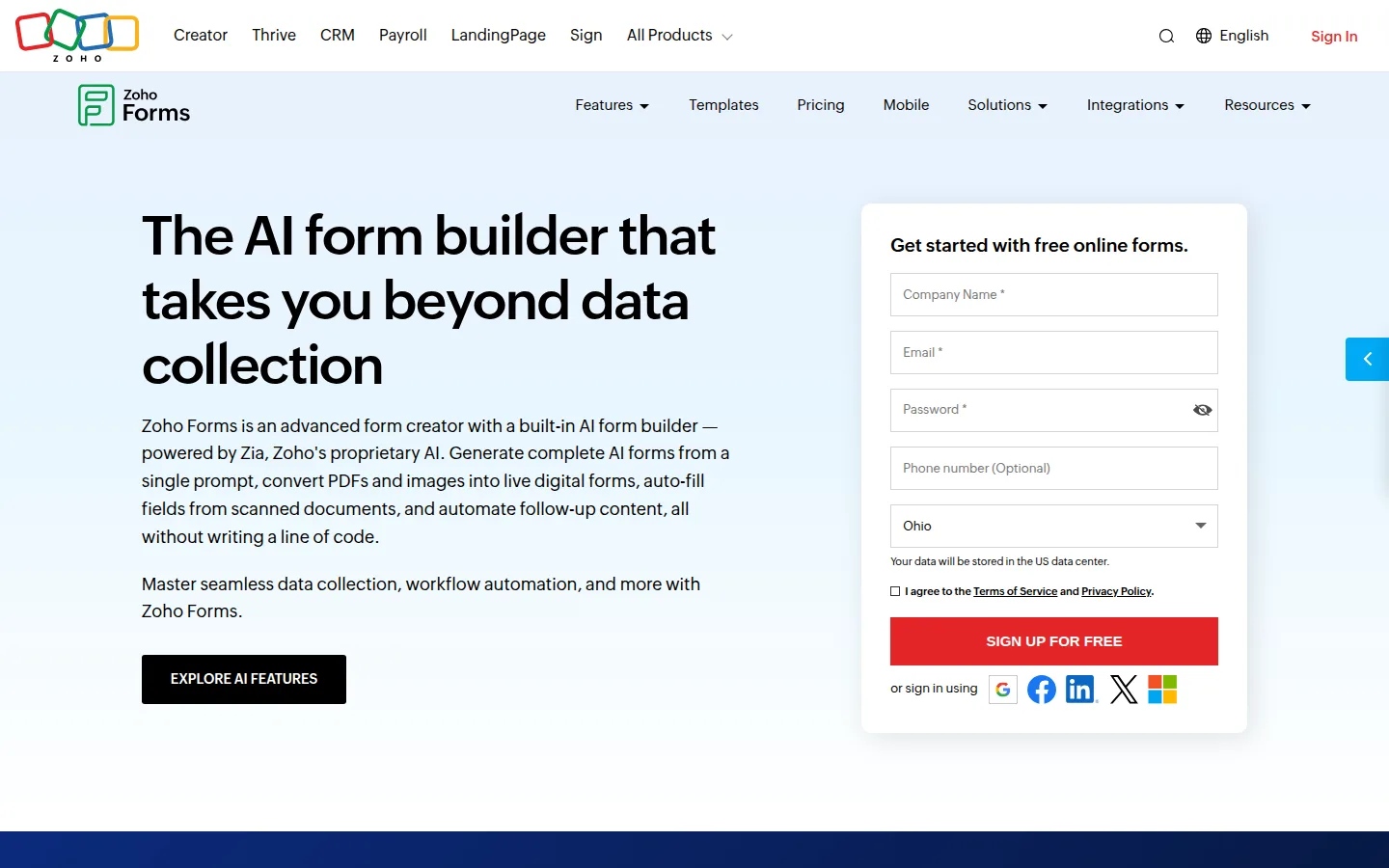 Zoho Forms homepage screenshot
