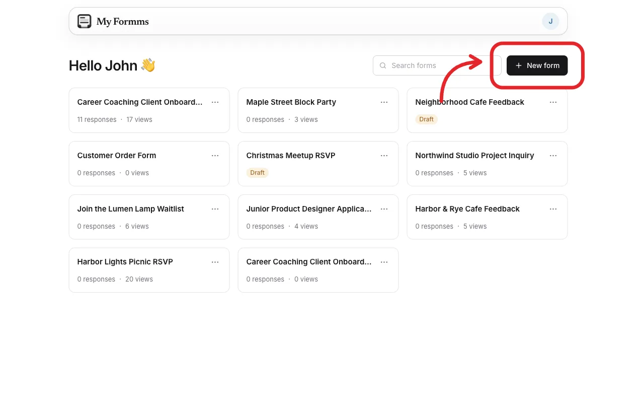 Formms dashboard with the New form button