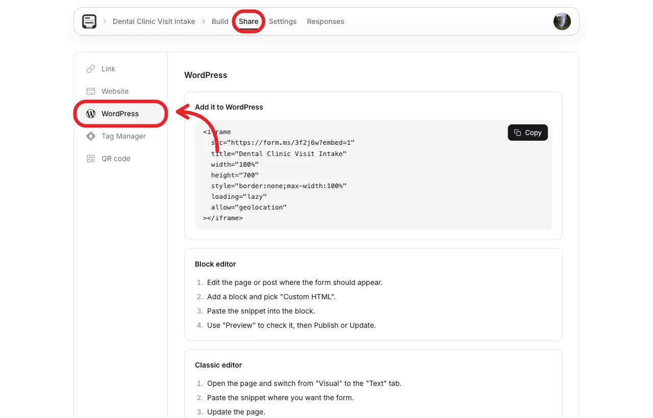 Share tab with WordPress selected