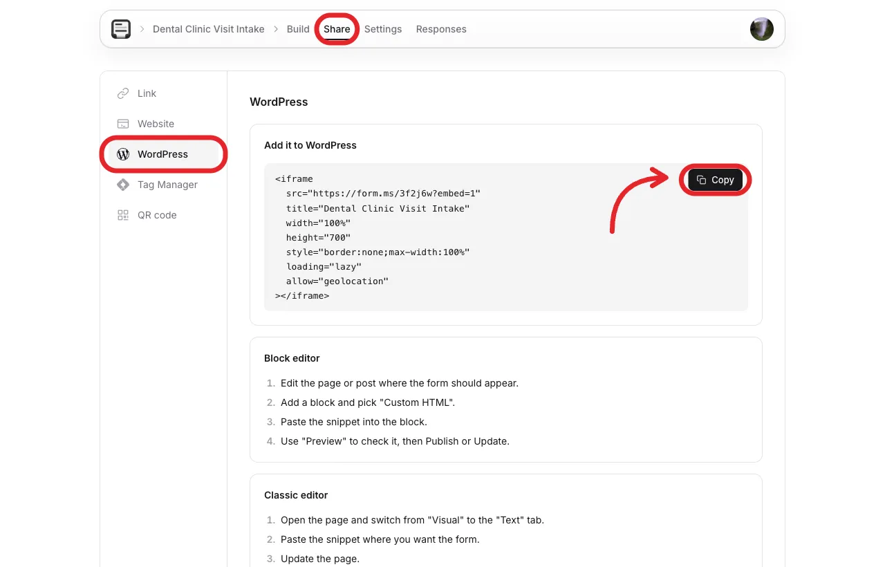 Copy the WordPress iframe snippet