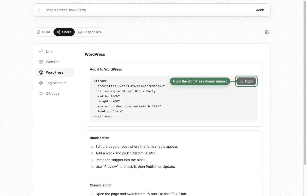 WordPress embed snippet with block editor and classic editor steps