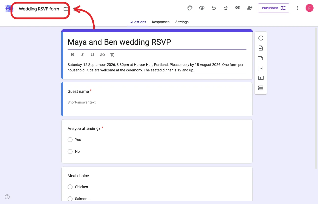 Google Forms editor with the Drive file name highlighted