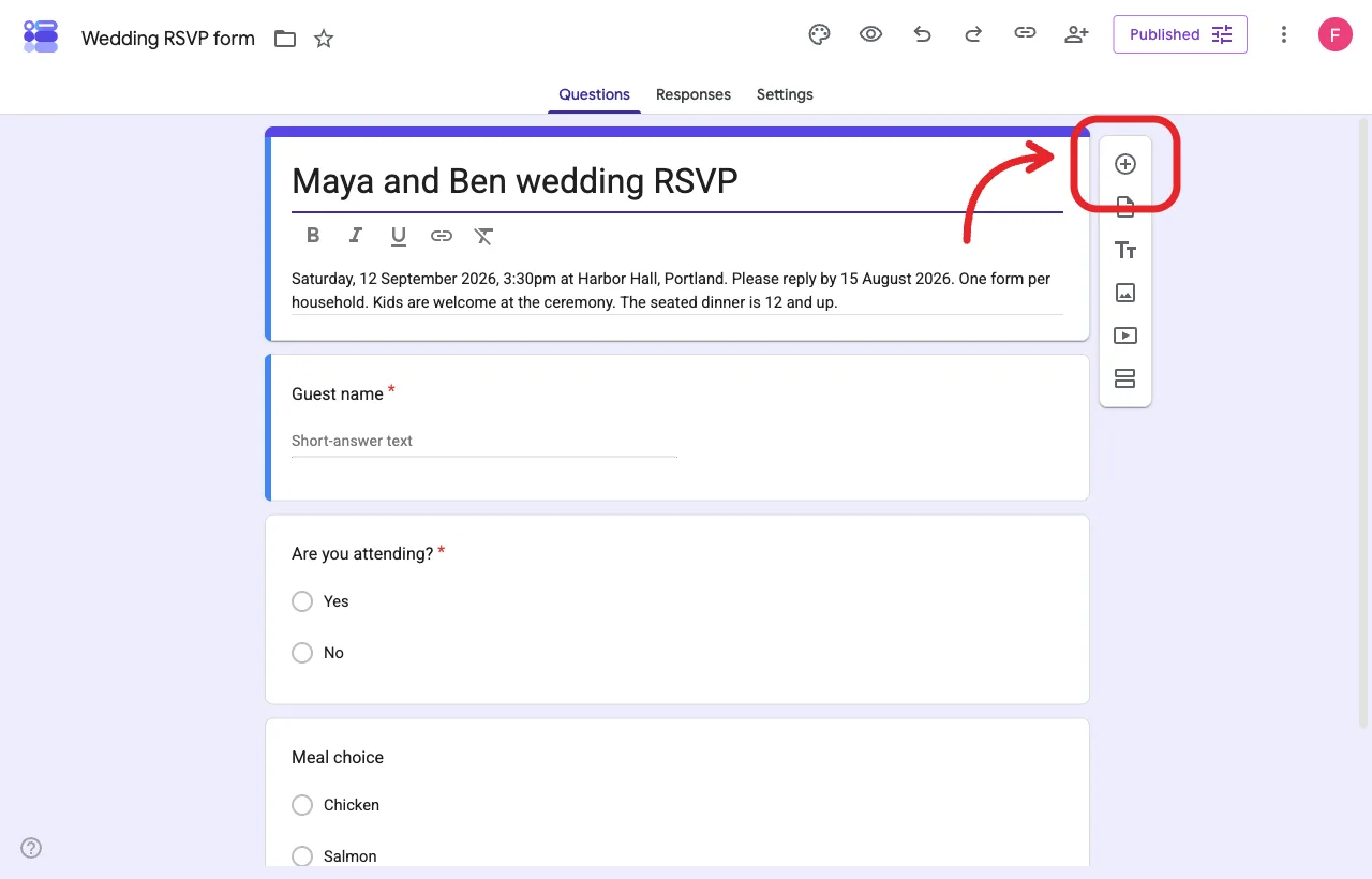 Google Forms editor with Add question highlighted