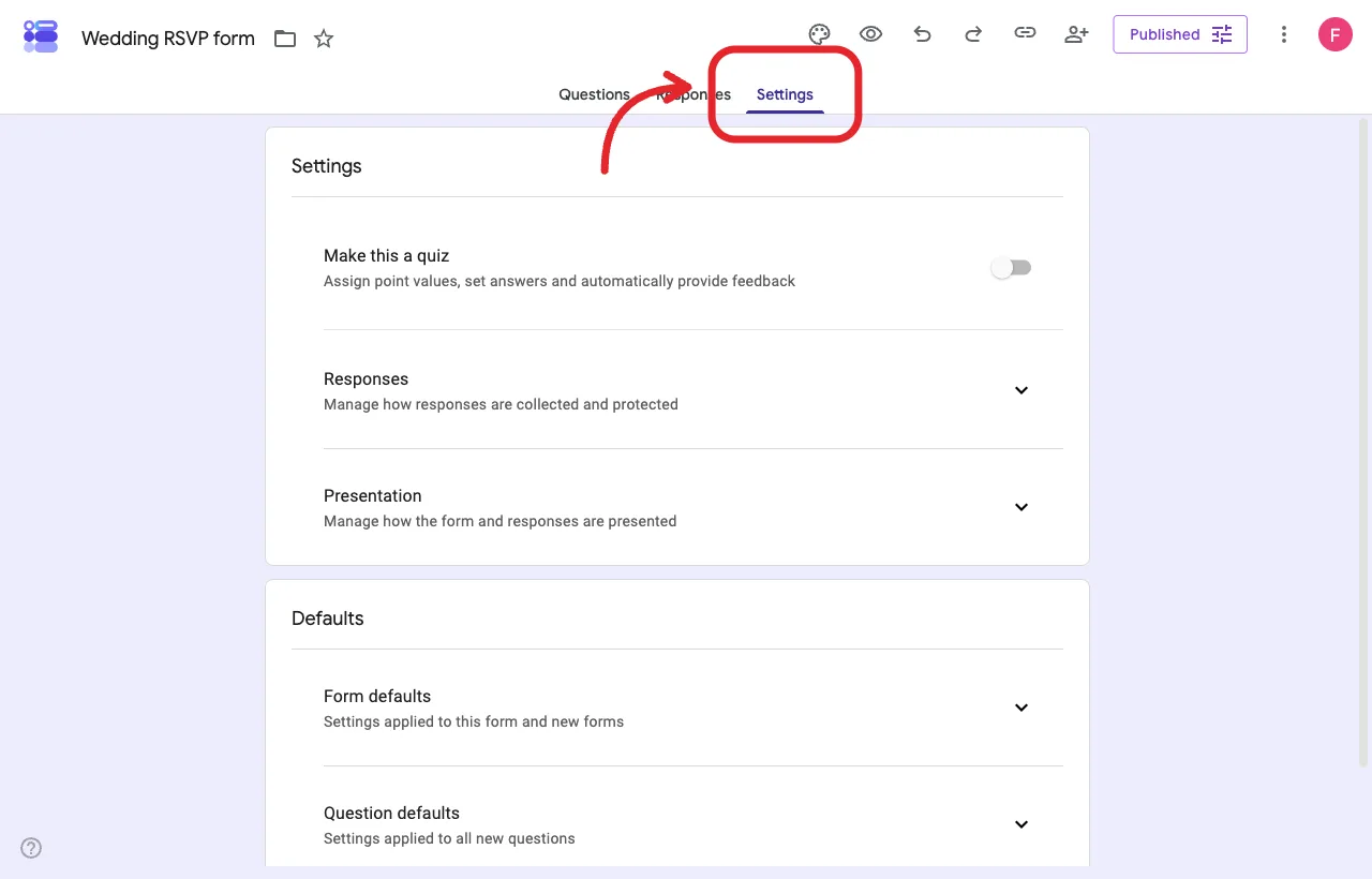 Google Forms Settings tab