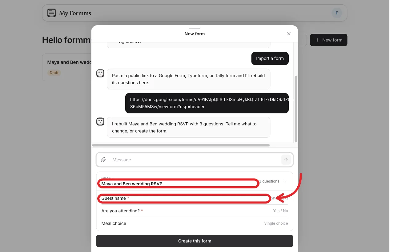 Formms draft after pasting the Google Form link