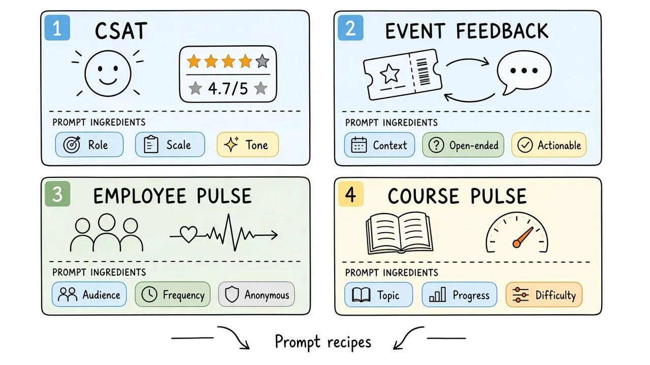 Prompt recipe cards for common surveys