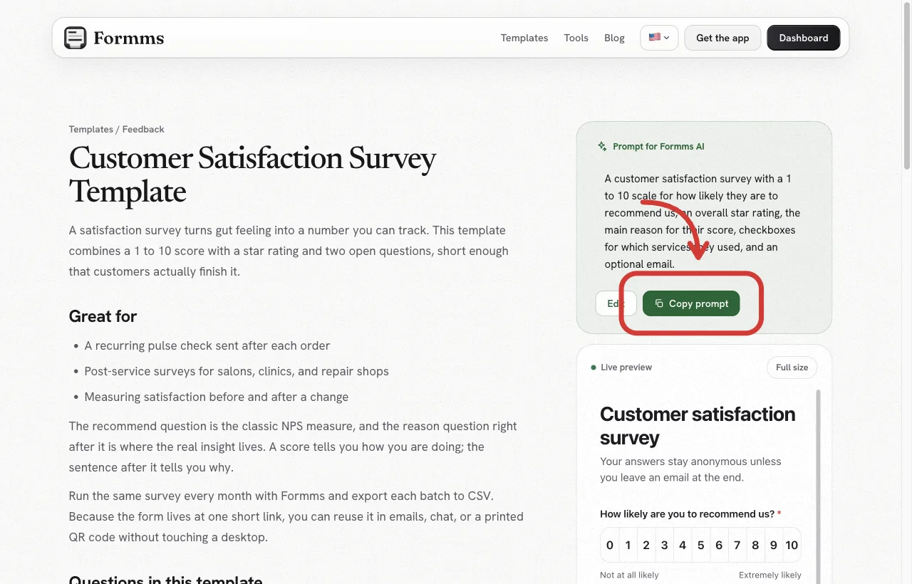 Formms customer satisfaction survey template page