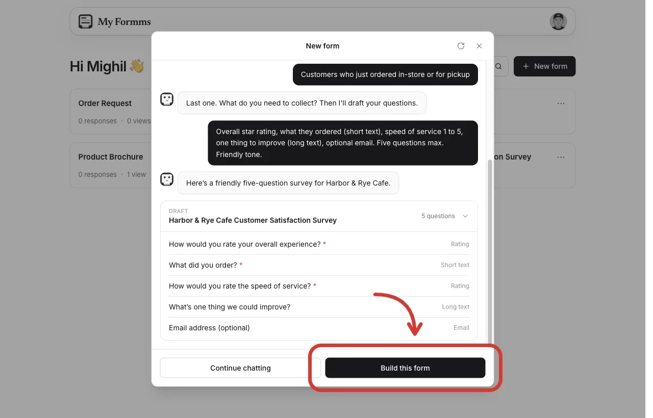 AI draft of a customer satisfaction survey ready to create