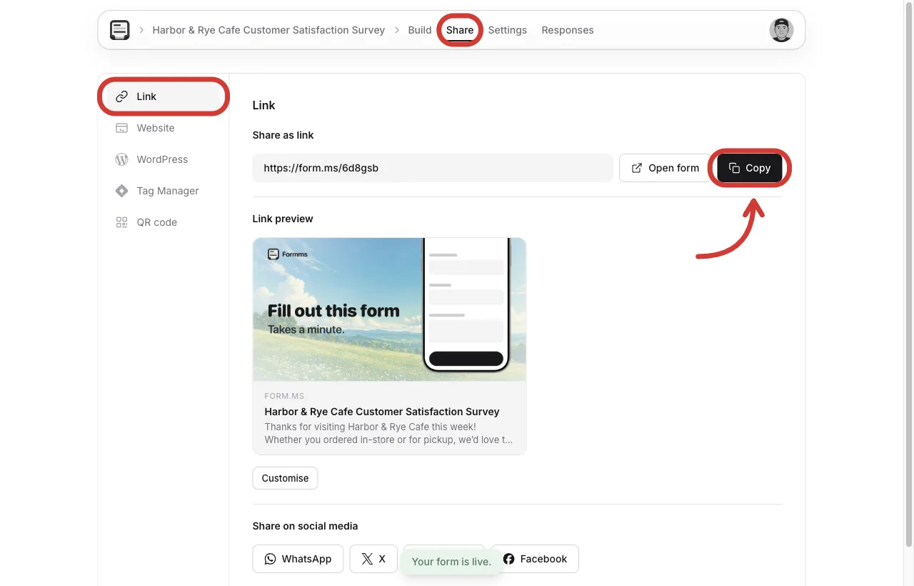 Share tab with the public form.ms link