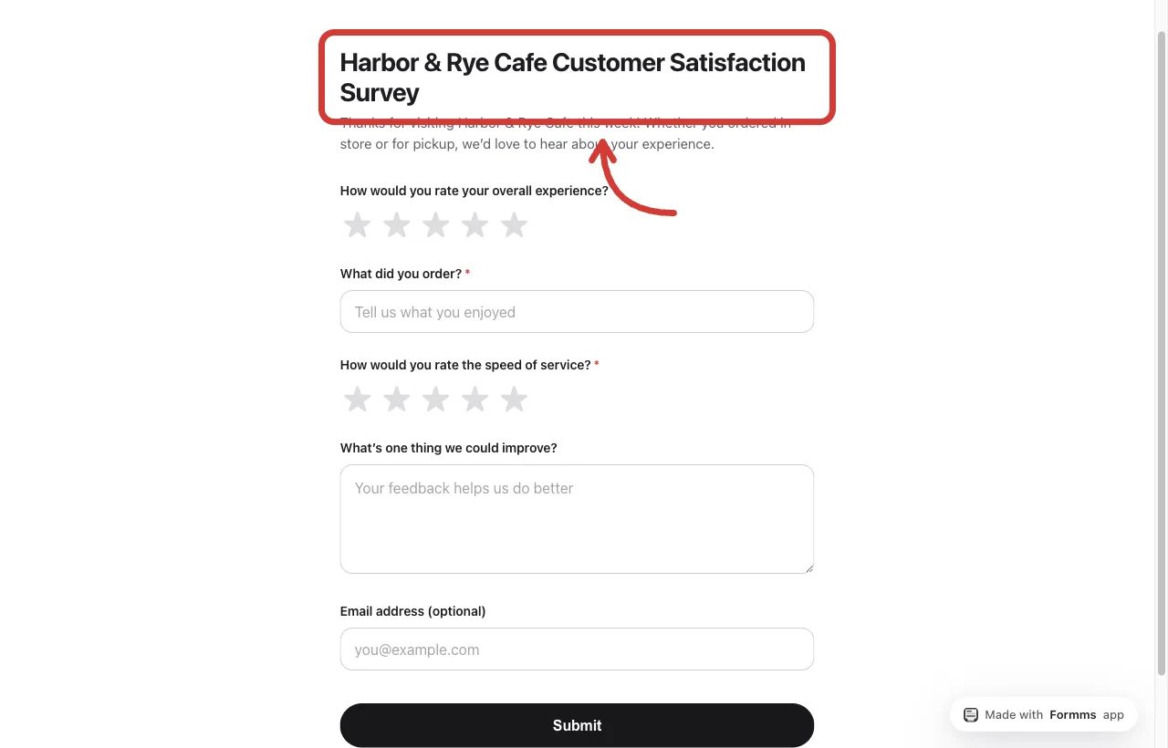 Published Harbor and Rye Cafe survey on form.ms