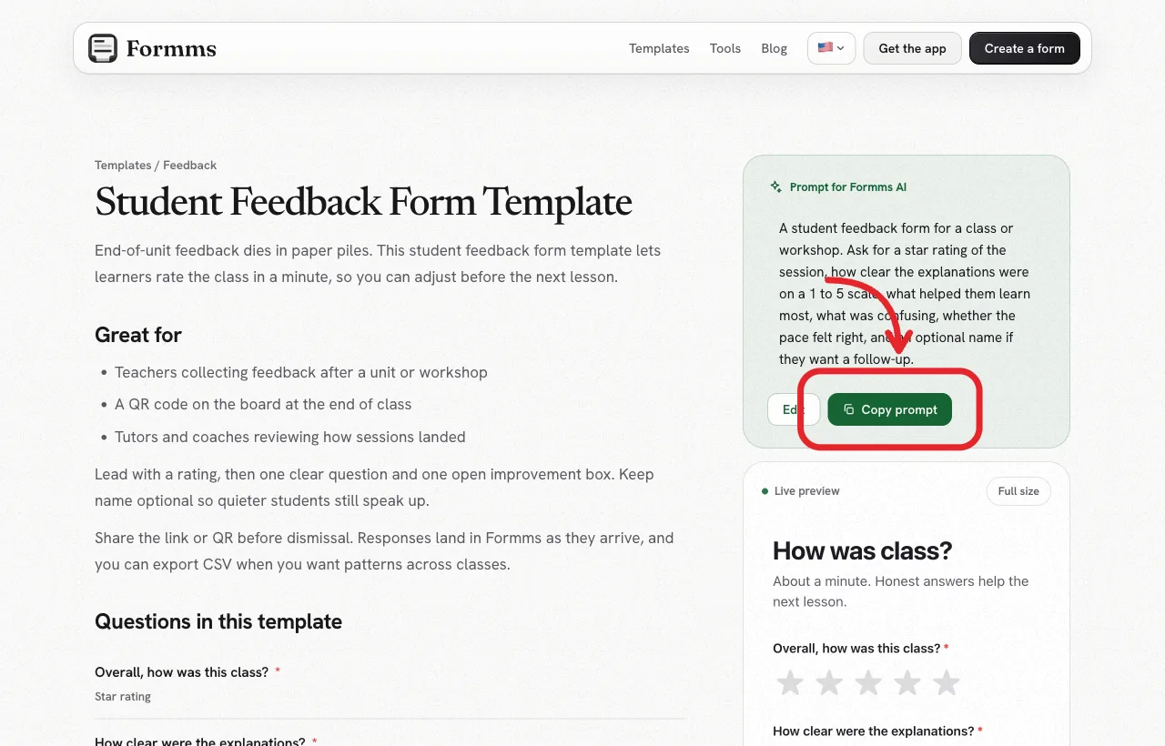 Formms student feedback form template with live preview