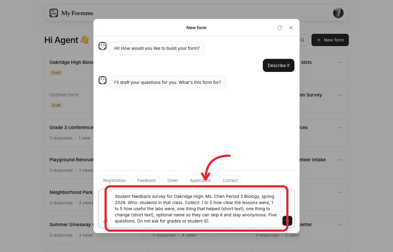 New form chat with a student feedback survey prompt