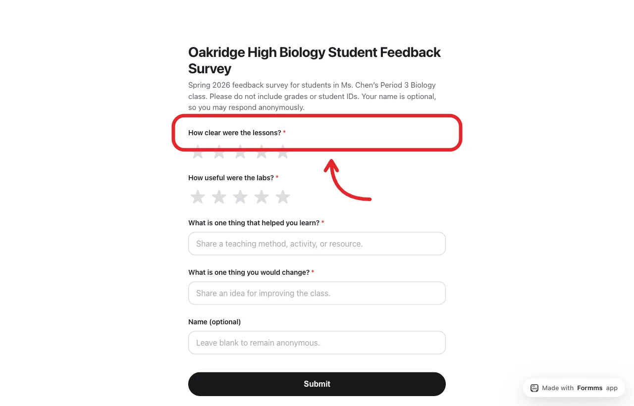 Published Biology student feedback form on form.ms