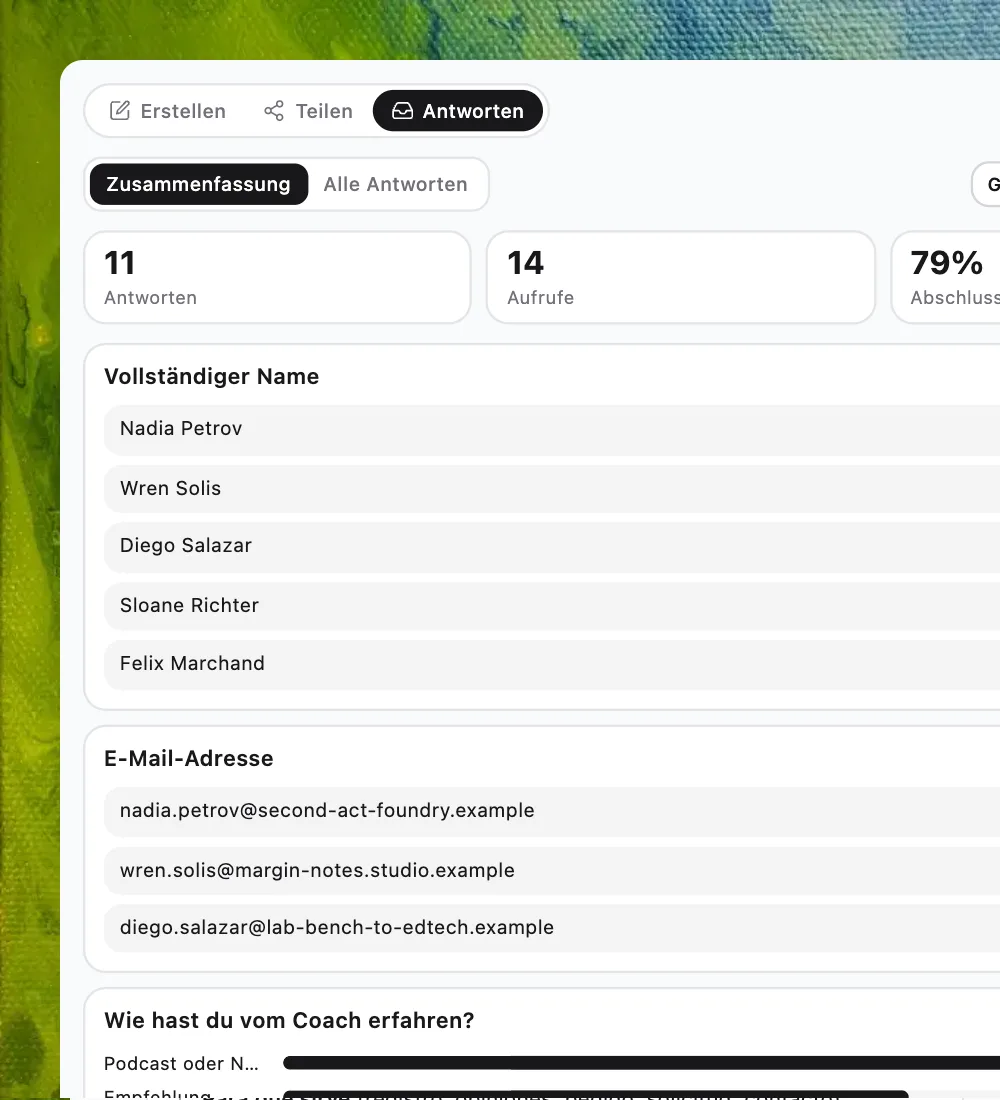 Der Formms-Antworten-Bildschirm mit Statistiken, Antwortliste und CSV-Export