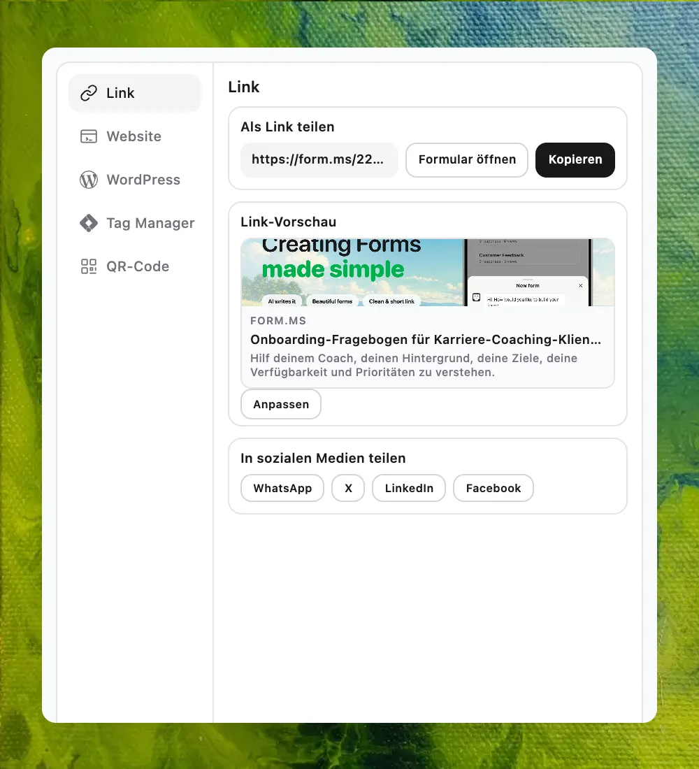 Der Formms-Teilen-Bildschirm mit Link, Website-Einbettung, WordPress, Tag Manager und QR-Code