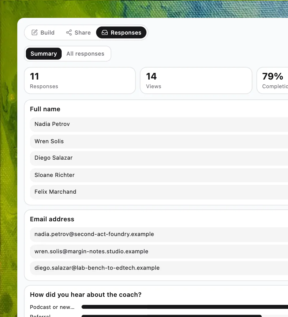 The Formms responses screen with summary stats, answer list, and CSV export