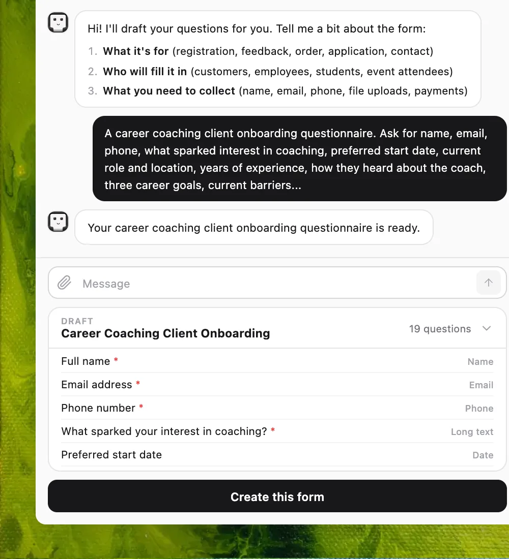 The Formms form editor showing AI-drafted questions you can edit by hand