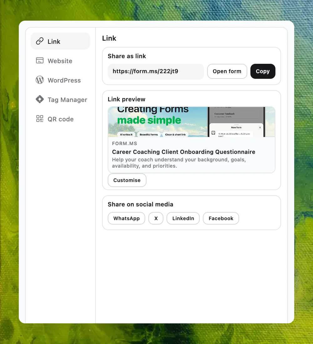 The Formms share screen showing link, website embed, WordPress, Tag Manager, and QR code options