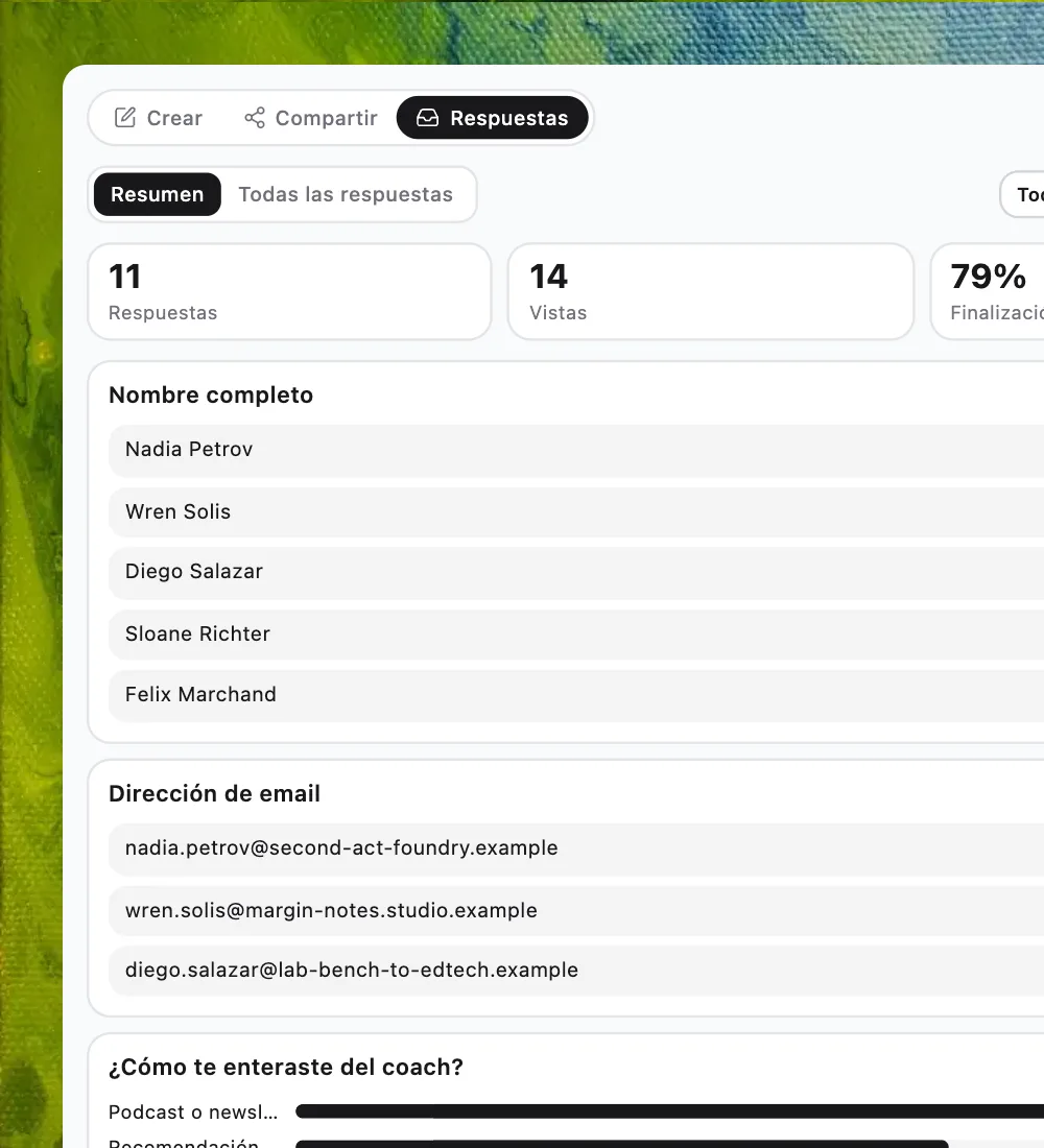 La pantalla de respuestas de Formms con estadísticas, lista de respuestas y exportación CSV