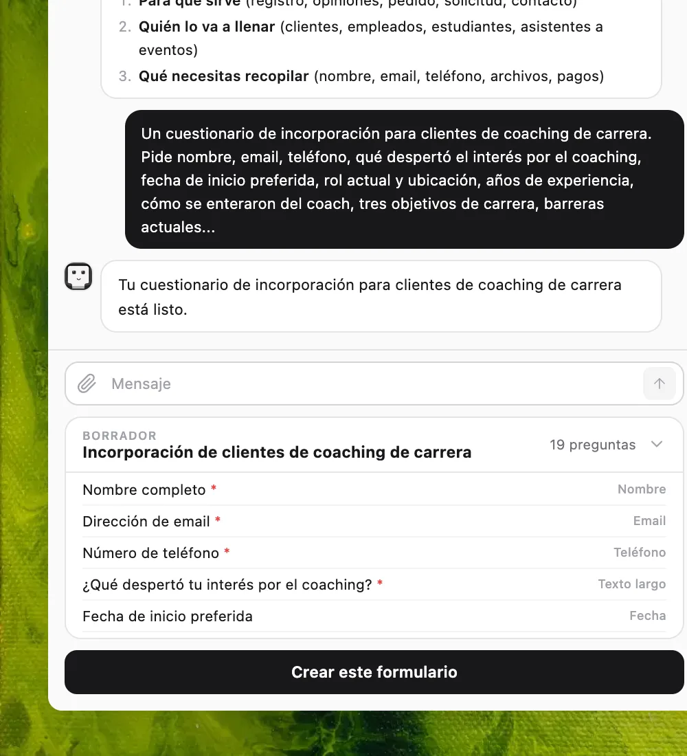 El editor de formularios Formms con preguntas redactadas por la IA, que puedes editar a mano