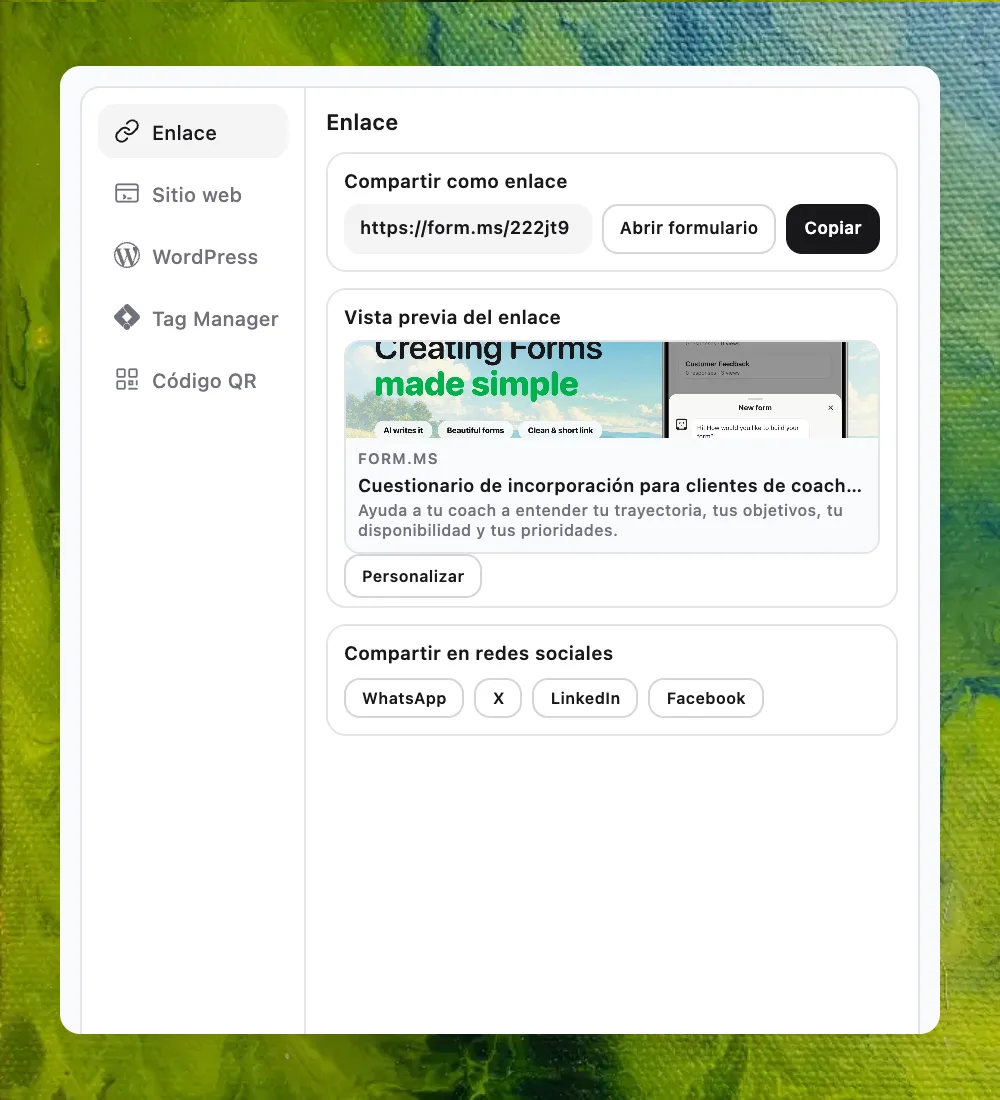 La pantalla para compartir de Formms con enlace, incrustación web, WordPress, Tag Manager y código QR