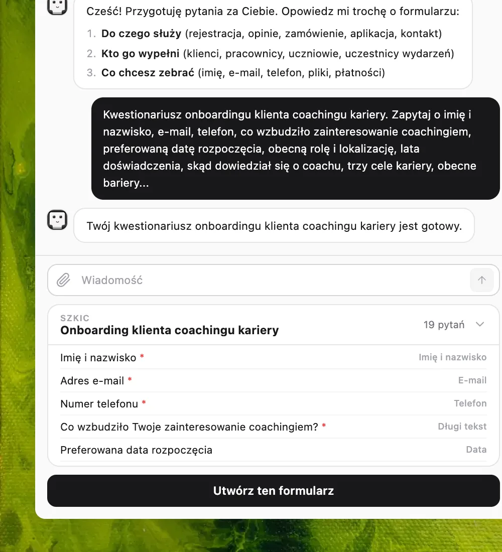 Edytor formularzy Formms z pytaniami przygotowanymi przez AI, które możesz poprawić ręcznie