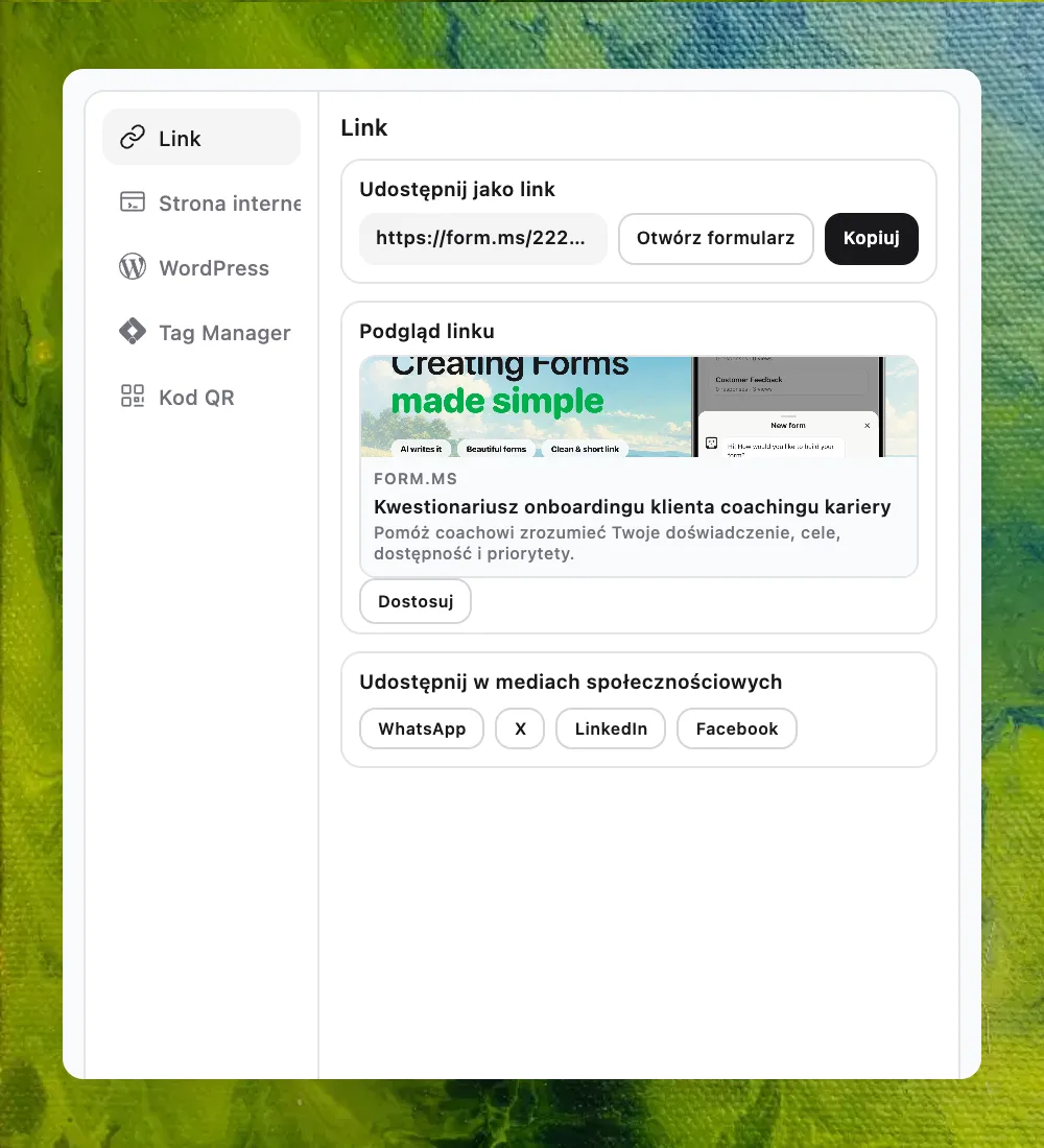Ekran udostępniania Formms z linkiem, osadzeniem na stronie, WordPress, Tag Manager i kodem QR